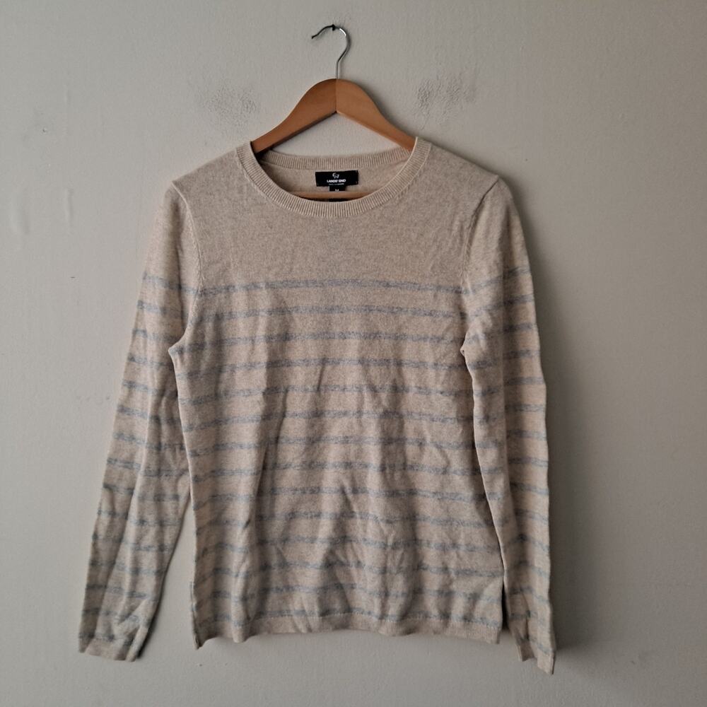 NWT Lands' End Sandshell Stripe Cashmere Sweater Tan & Gray Women's Size L 14-16 - Picture 3 of 11